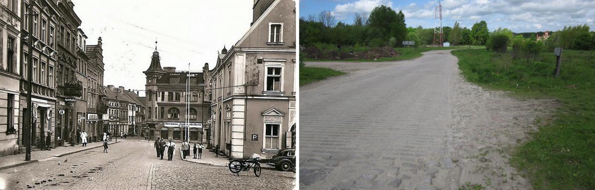 Вид на Марктплатц и Бродбанкштрассе. Фото 1937 года и современное состояние.